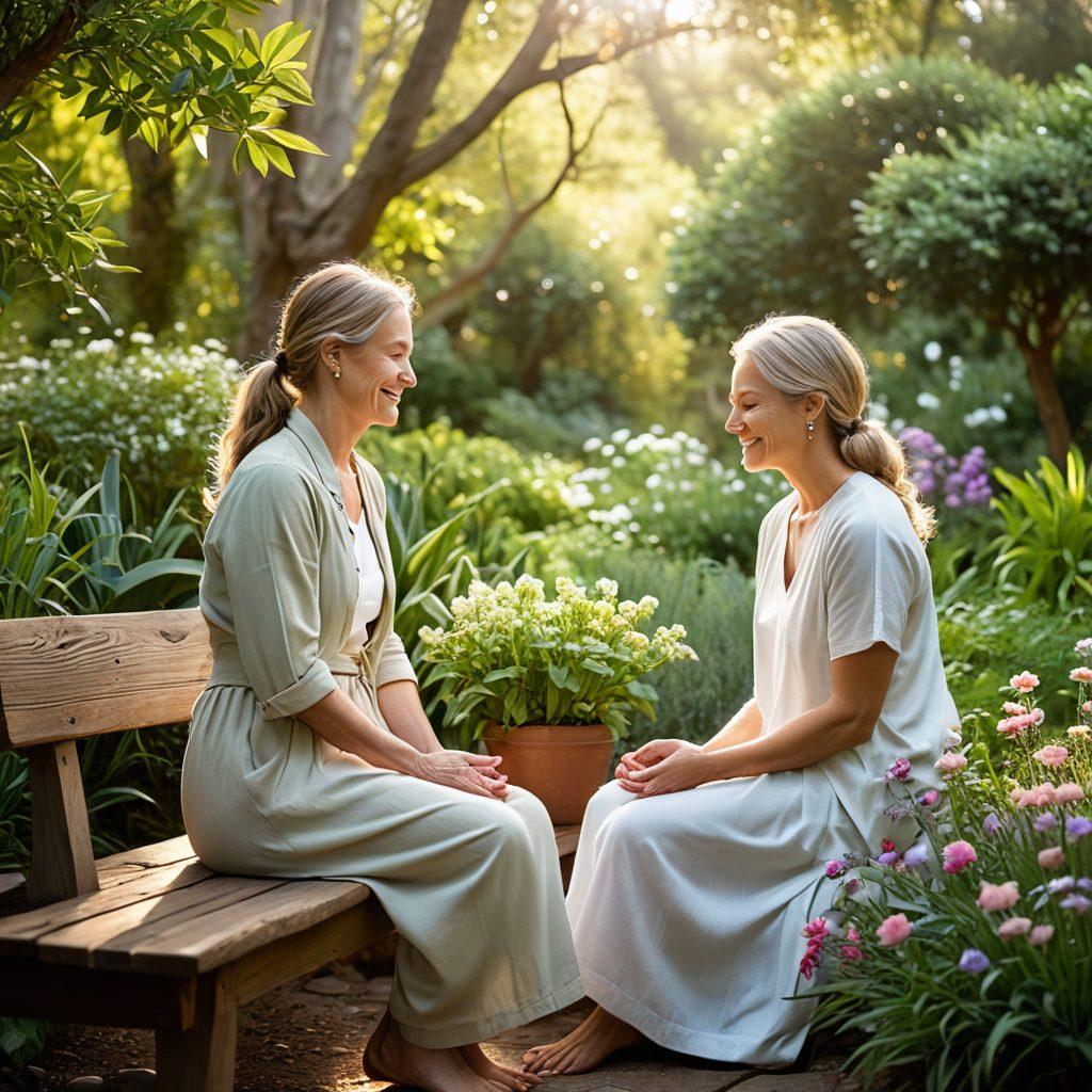 A serene scene depicting a caregiver and a health seeker sharing a moment of connection in a peaceful garden. Include elements like diverse plants, soft rays of sunlight filtering through trees, and gentle smiles on their faces, symbolizing contentment and support. Add visual hints of holistic tools, like essential oils and meditation symbols nearby. Soft, soothing color palette. super-realistic. vibrant colors.