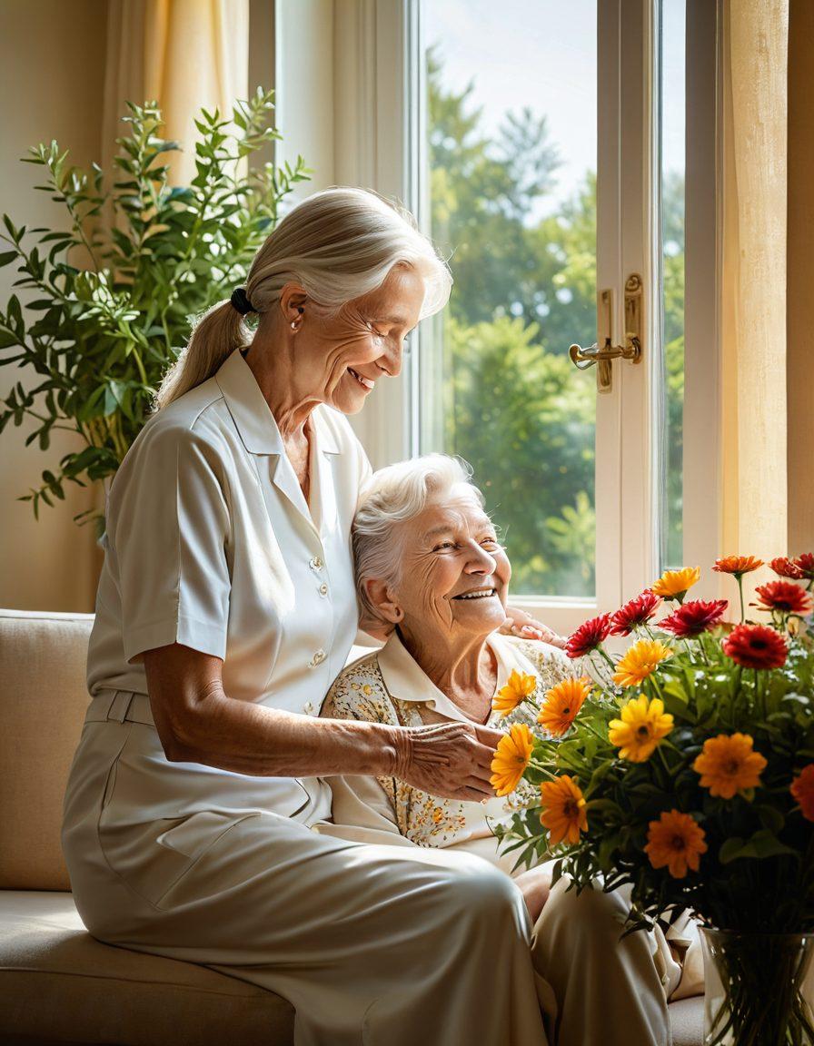 A serene scene depicting a compassionate caregiver gently helping an elderly person in a sunlit room filled with vibrant flowers and warm colors. The atmosphere is filled with joy and connection, showcasing smiles and warmth between them. In the background, a window reveals a bright landscape symbolizing hope and well-being. subtle features that highlight moments of kindness and care. super-realistic. vibrant colors. natural lighting.
