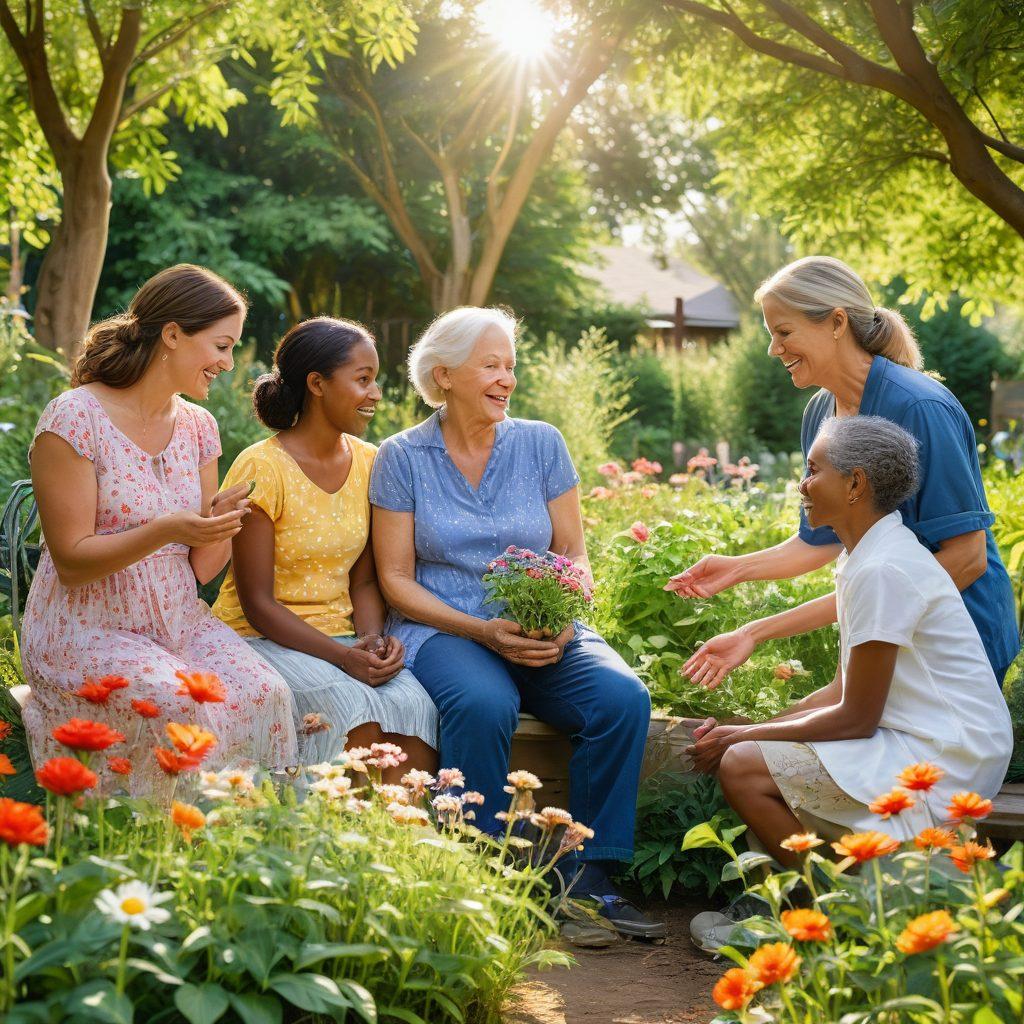 A diverse group of individuals of various ages and backgrounds sitting in a lush community garden, sharing stories and engaging in nurturing activities. Vibrant flowers and greenery surround them, symbolizing growth and connection. Soft sunlight filters through the trees, casting warm, inviting shadows. Soft, compassionate expressions on their faces highlight the importance of personalized care in community wellness. watercolor painting. vibrant colors. natural light.